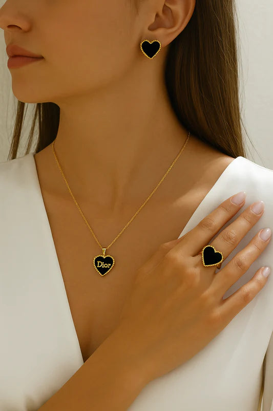 Dior-Inspired Heart Jewelry Set – Gold & Black