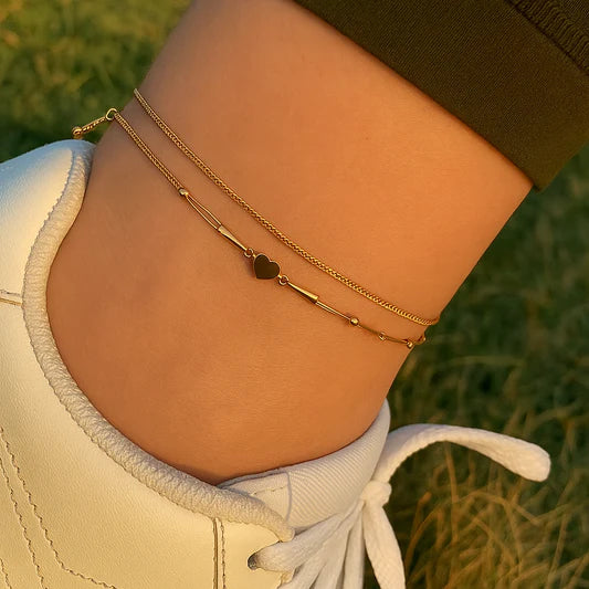 Elegant Dual-Layer Gold Payal with Heart Charms