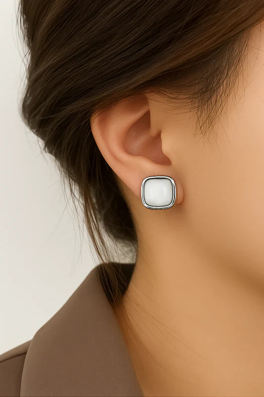 Classic Elegance: Silver Framed White Stone Stud Earrings